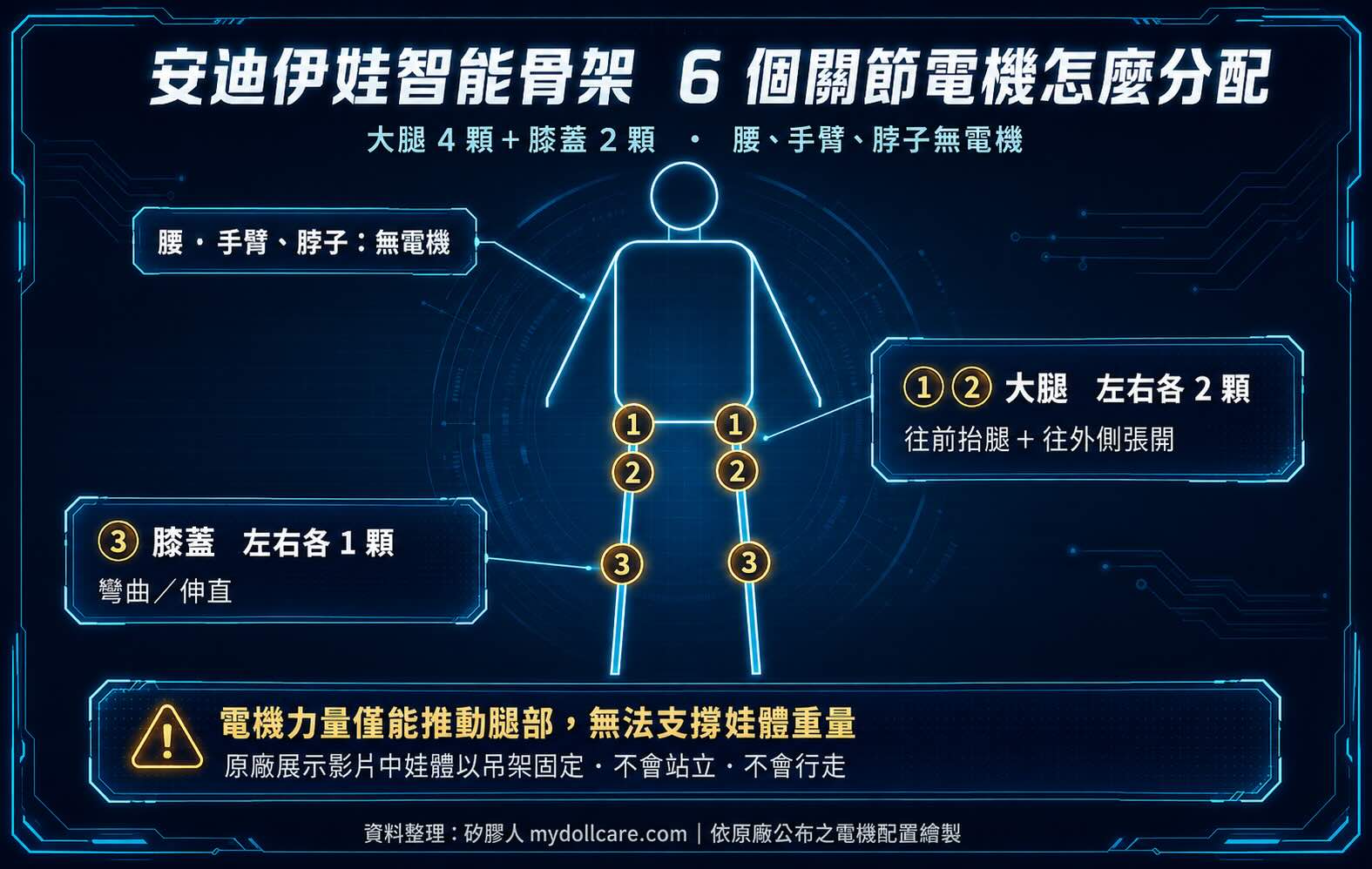 娃娃自動抬腿電動骨架的 6 顆關節電機配置圖：大胯左右各 2 顆、膝蓋左右各 1 顆